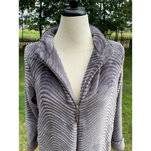 Stan Herman Womens PL Gray Ribbed Fleece Zip-Up Lounger Polyester Long Soft Warm - Picture 8 of 9